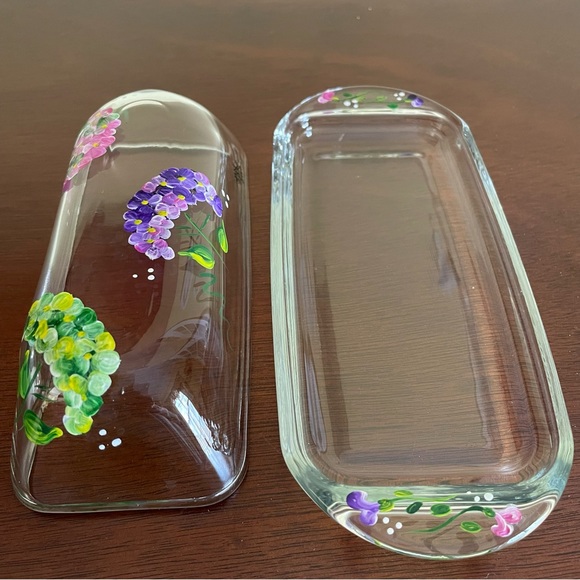 Vintage Hand Painted Flowered Glass Butter Dish With Lid - Picture 6 of 7